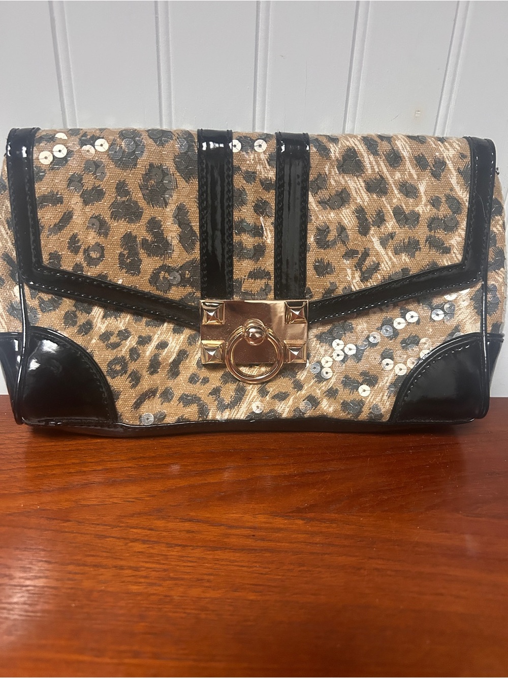 Betsey Johnson Leopard Sequin Clutch with Gold Ring